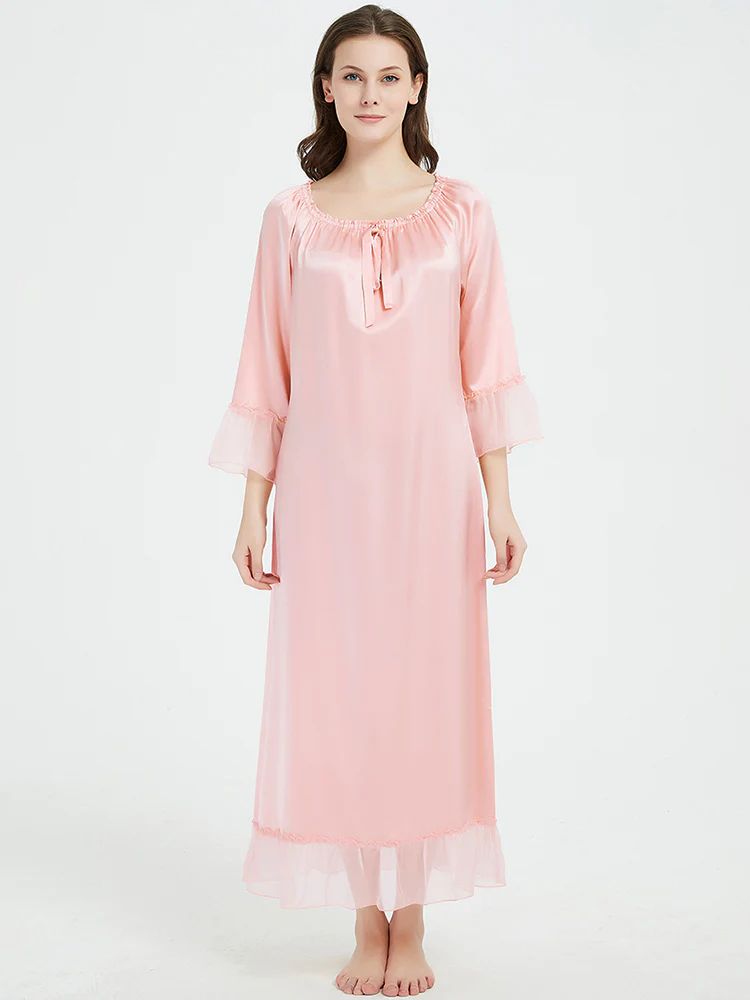 19 Momme Elasticized Gathered Neckline Long Silk Nightgown