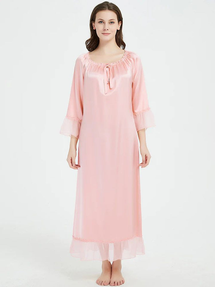 19 Momme Elasticized Gathered Neckline Long Silk Nightgown
