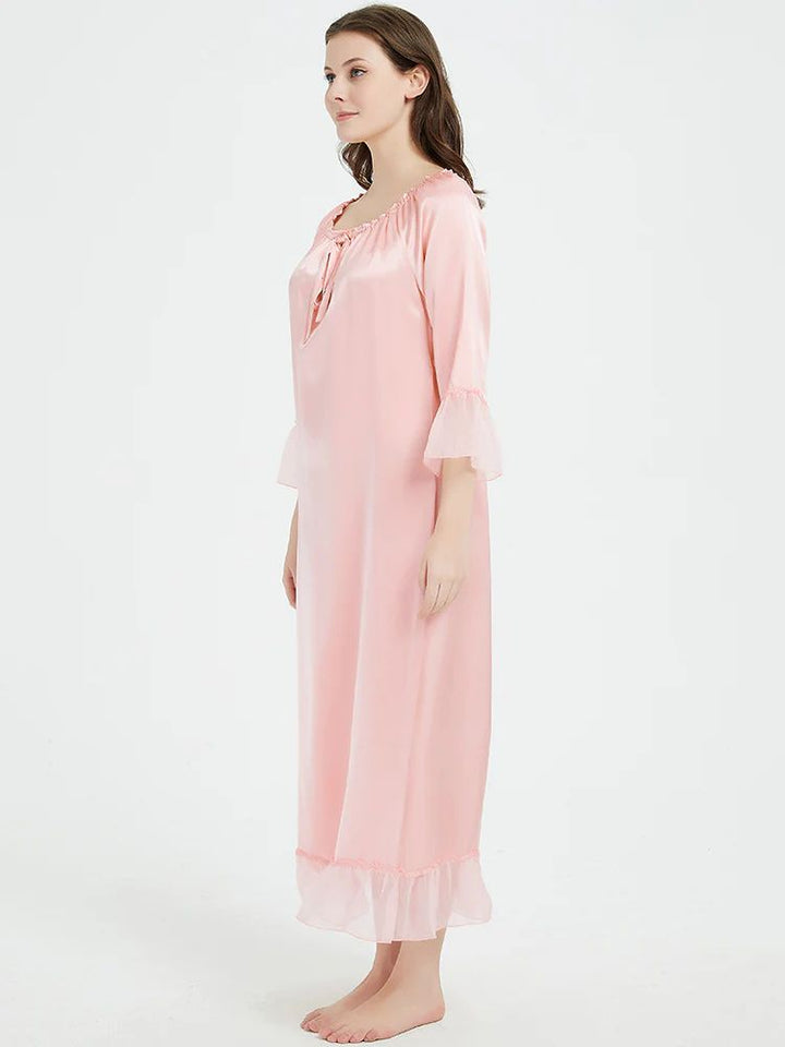 19 Momme Elasticized Gathered Neckline Long Silk Nightgown