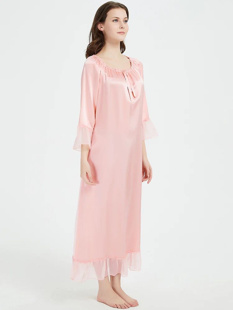 19 Momme Elasticized Gathered Neckline Long Silk Nightgown
