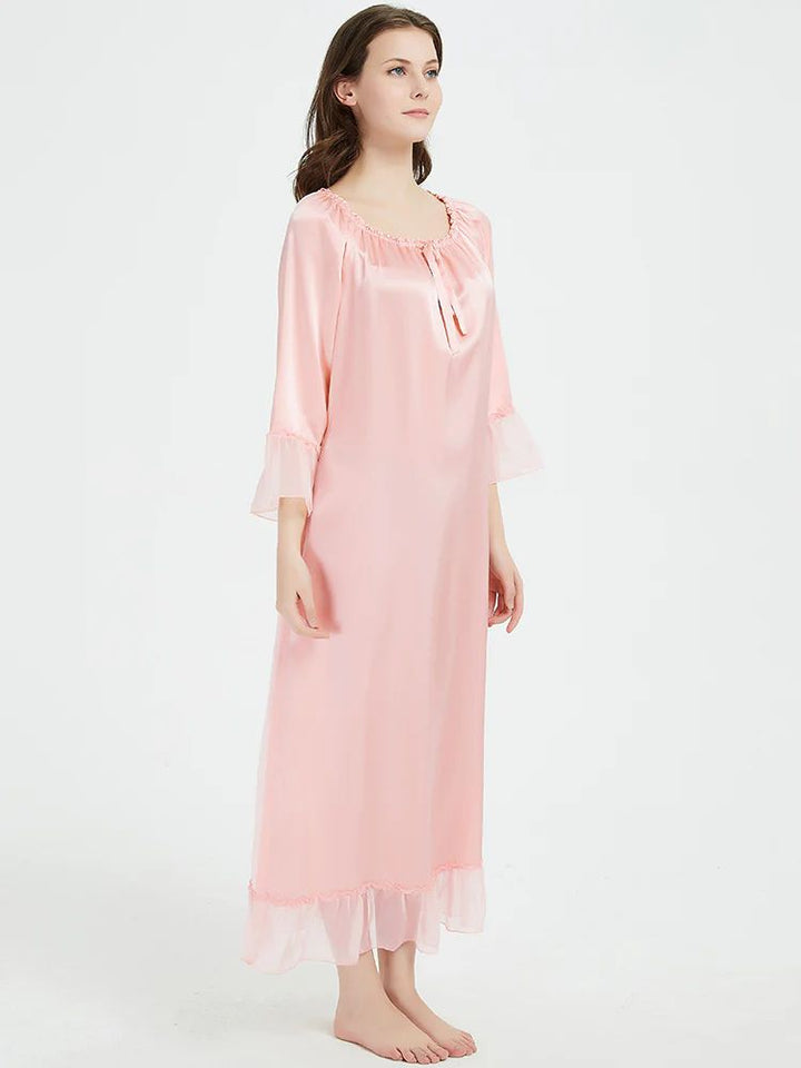 19 Momme Elasticized Gathered Neckline Long Silk Nightgown