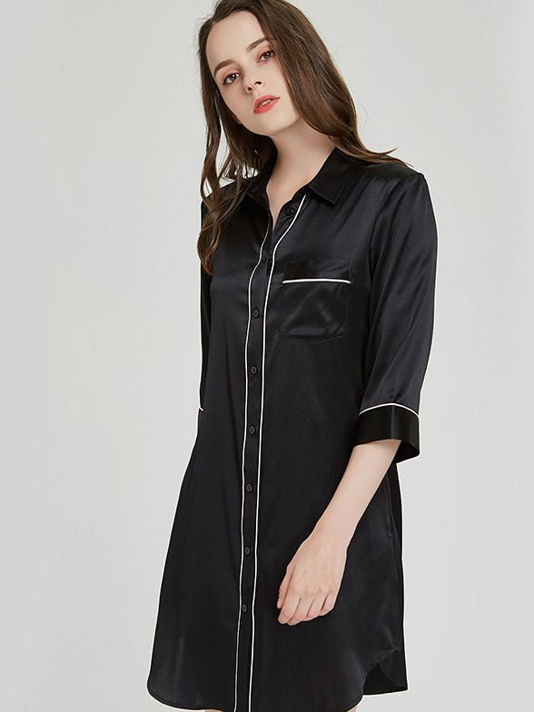 19 Momme Elegant Collar 3/4 Sleeve Button-Down Silk Nightshirt