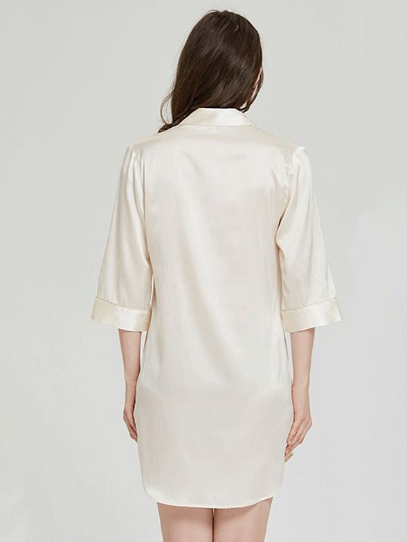 19 Momme Elegant Collar 3/4 Sleeve Button-Down Silk Nightshirt