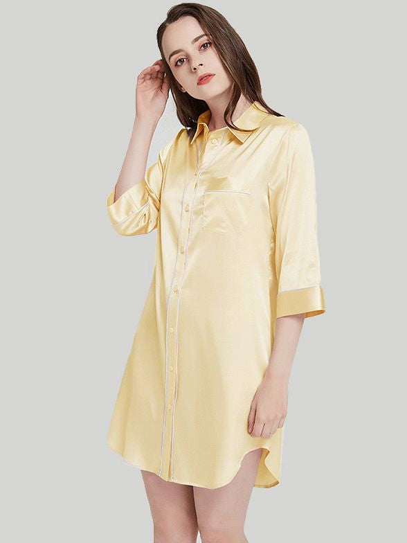 19 Momme Elegant Collar 3/4 Sleeve Button-Down Silk Nightshirt