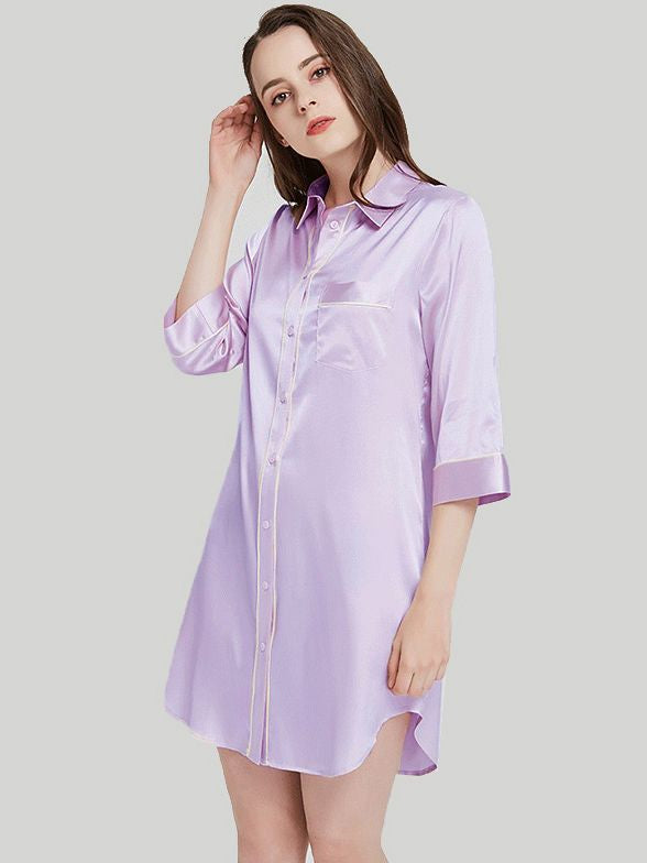 19 Momme Elegant Collar 3/4 Sleeve Button-Down Silk Nightshirt