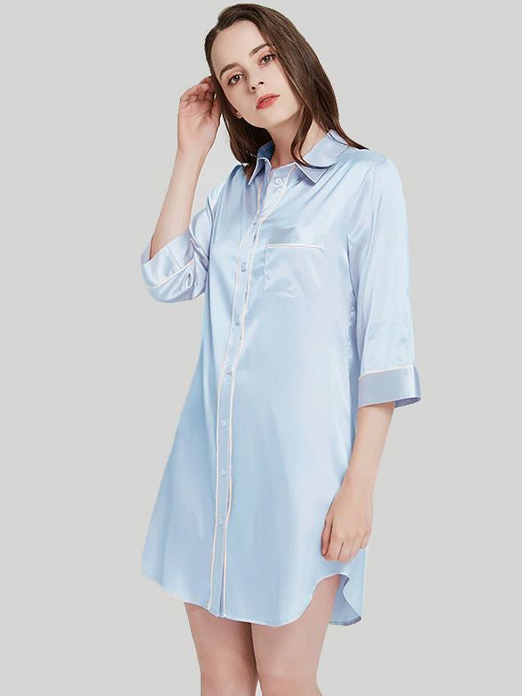 19 Momme Elegant Collar 3/4 Sleeve Button-Down Silk Nightshirt