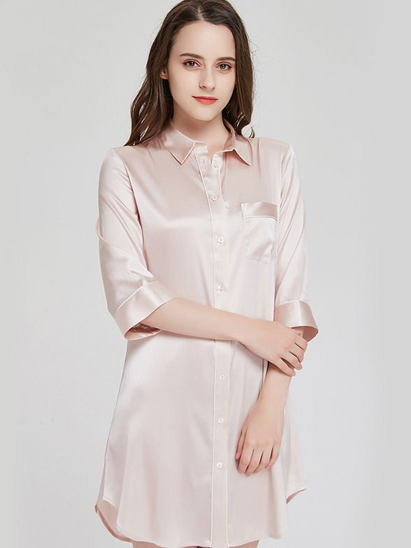 19 Momme Elegant Collar 3/4 Sleeve Button-Down Silk Nightshirt