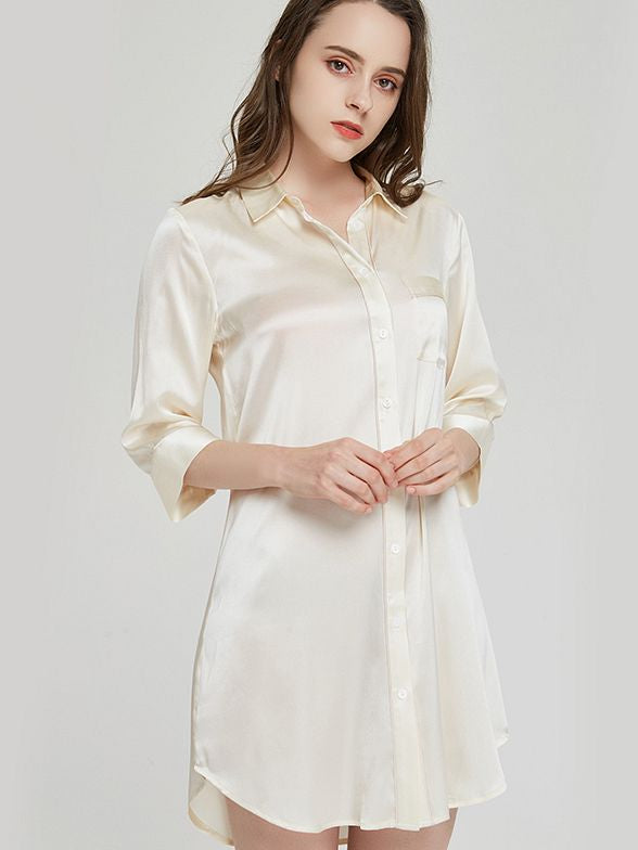 19 Momme Elegant Collar 3/4 Sleeve Button-Down Silk Nightshirt