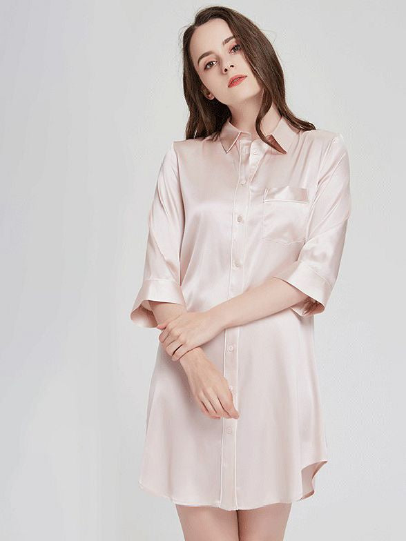19 Momme Elegant Collar 3/4 Sleeve Button-Down Silk Nightshirt
