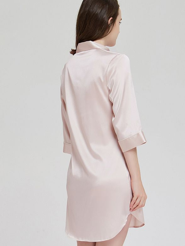 19 Momme Elegant Collar 3/4 Sleeve Button-Down Silk Nightshirt