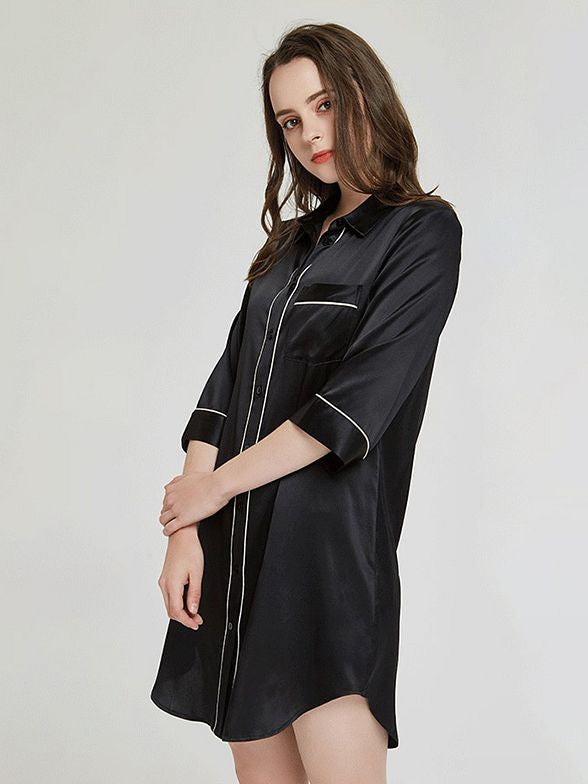 19 Momme Elegant Collar 3/4 Sleeve Button-Down Silk Nightshirt