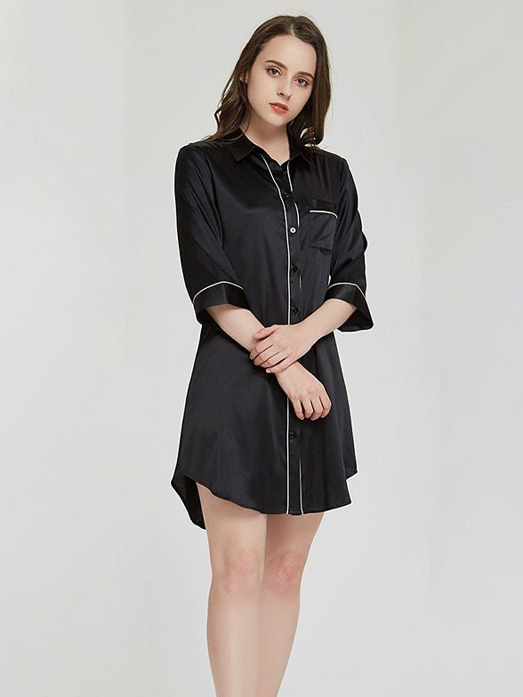 19 Momme Elegant Collar 3/4 Sleeve Button-Down Silk Nightshirt
