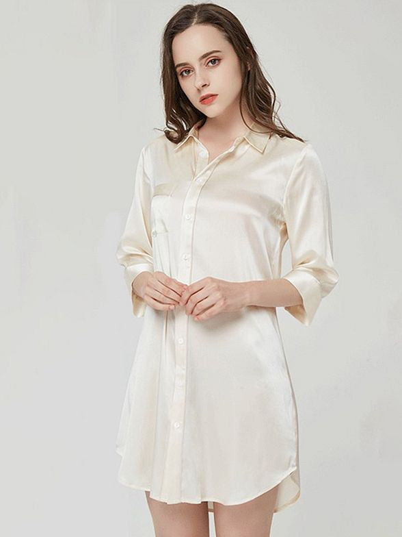 19 Momme Elegant Collar 3/4 Sleeve Button-Down Silk Nightshirt