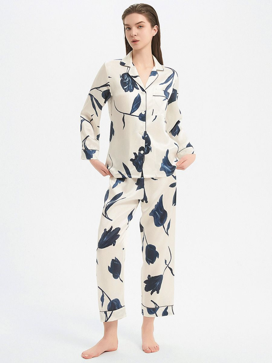 19 Momme Elegant Ivory 100% Silk Pajama Set with Navy Flowers Prints