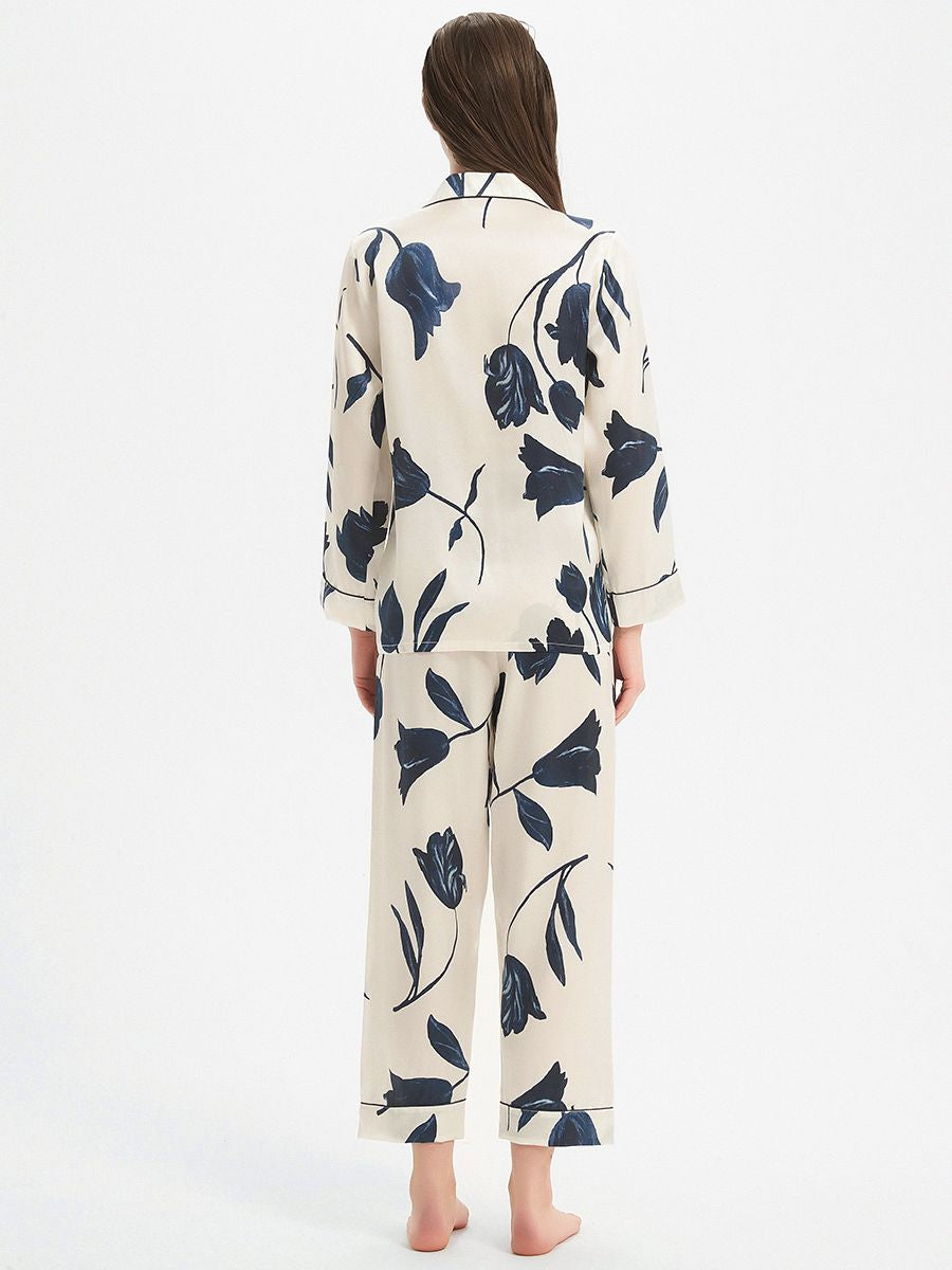 19 Momme Elegant Ivory 100% Silk Pajama Set with Navy Flowers Prints