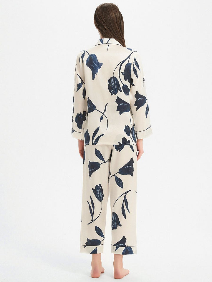 19 Momme Elegant Ivory 100% Silk Pajama Set with Navy Flowers Prints