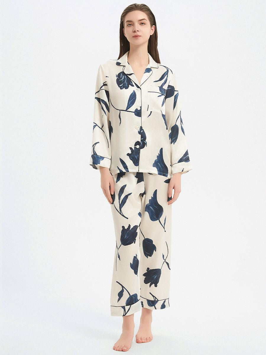19 Momme Elegant Ivory 100% Silk Pajama Set with Navy Flowers Prints