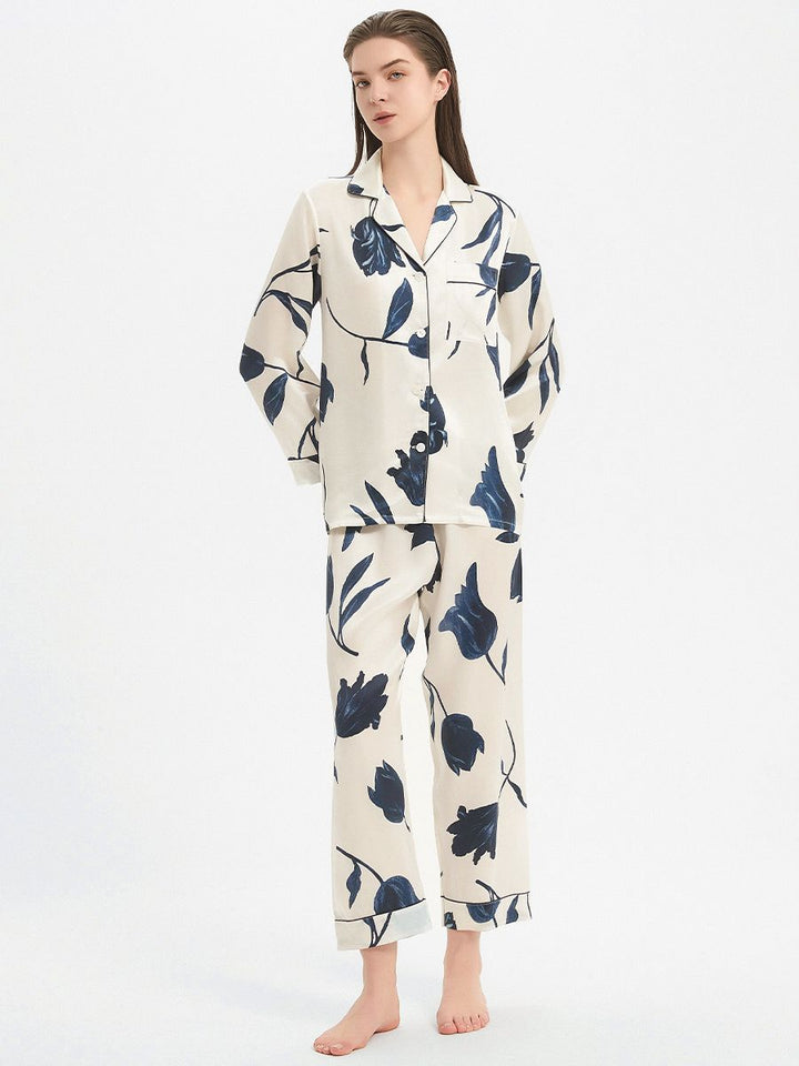 19 Momme Elegant Ivory 100% Silk Pajama Set with Navy Flowers Prints