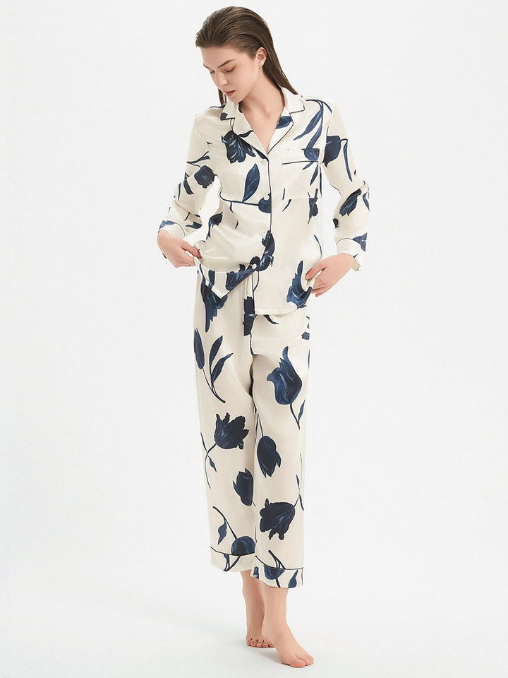 19 Momme Elegant Ivory 100% Silk Pajama Set with Navy Flowers Prints