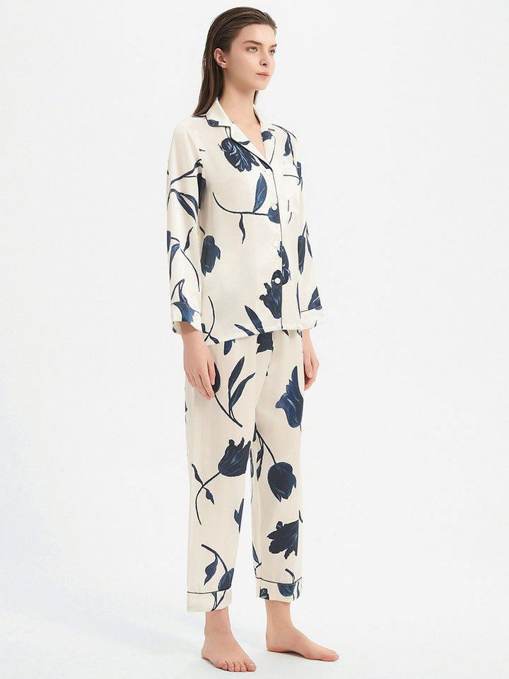 19 Momme Elegant Ivory 100% Silk Pajama Set with Navy Flowers Prints