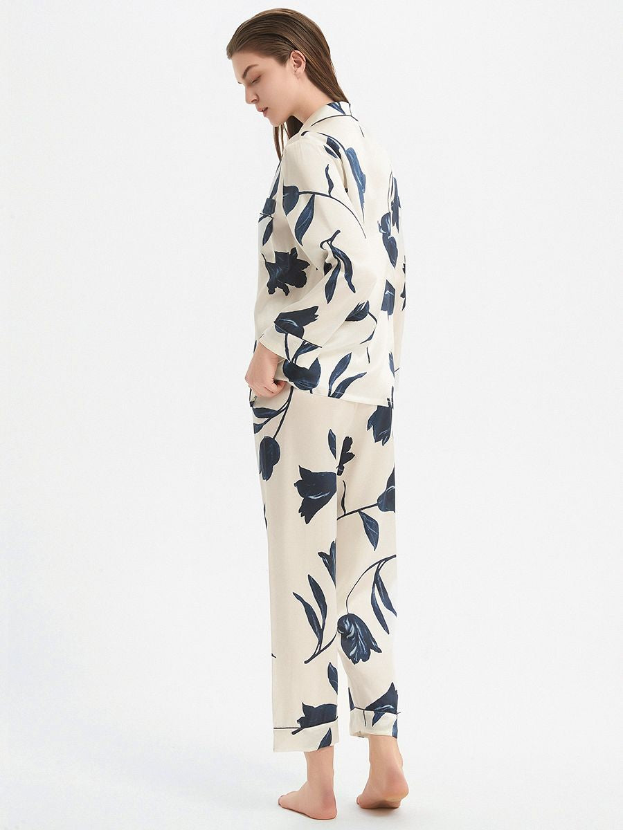 19 Momme Elegant Ivory 100% Silk Pajama Set with Navy Flowers Prints