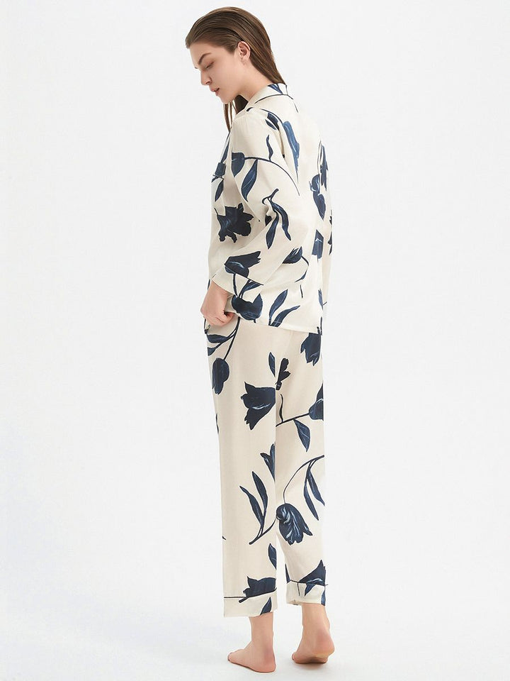 19 Momme Elegant Ivory 100% Silk Pajama Set with Navy Flowers Prints