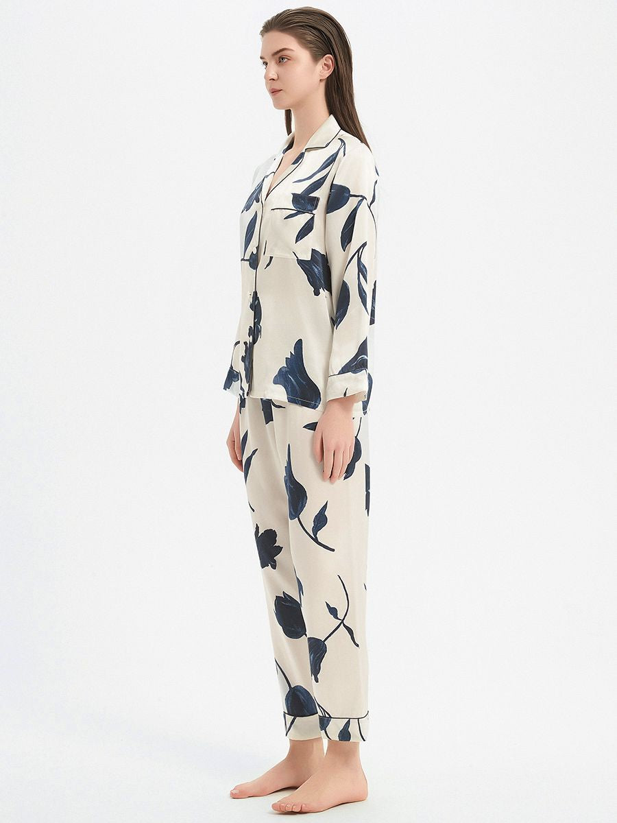 19 Momme Elegant Ivory 100% Silk Pajama Set with Navy Flowers Prints