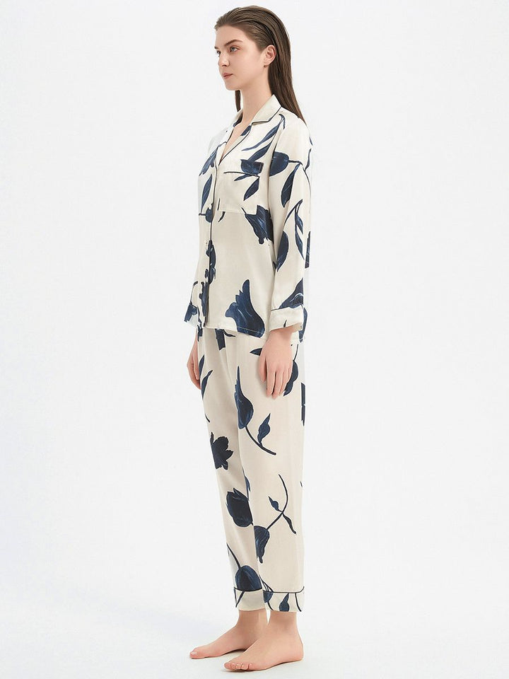 19 Momme Elegant Ivory 100% Silk Pajama Set with Navy Flowers Prints