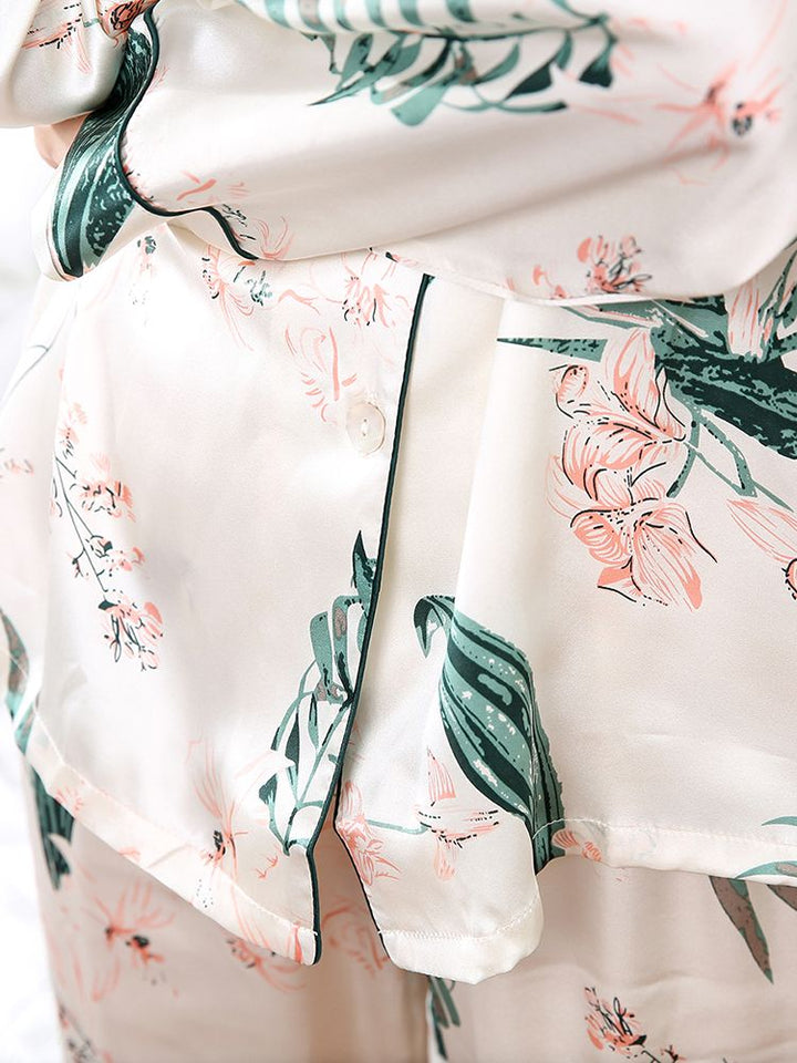 19 Momme Leaves and Floral Printed Beige 100% Silk Pajama Set with Trimming