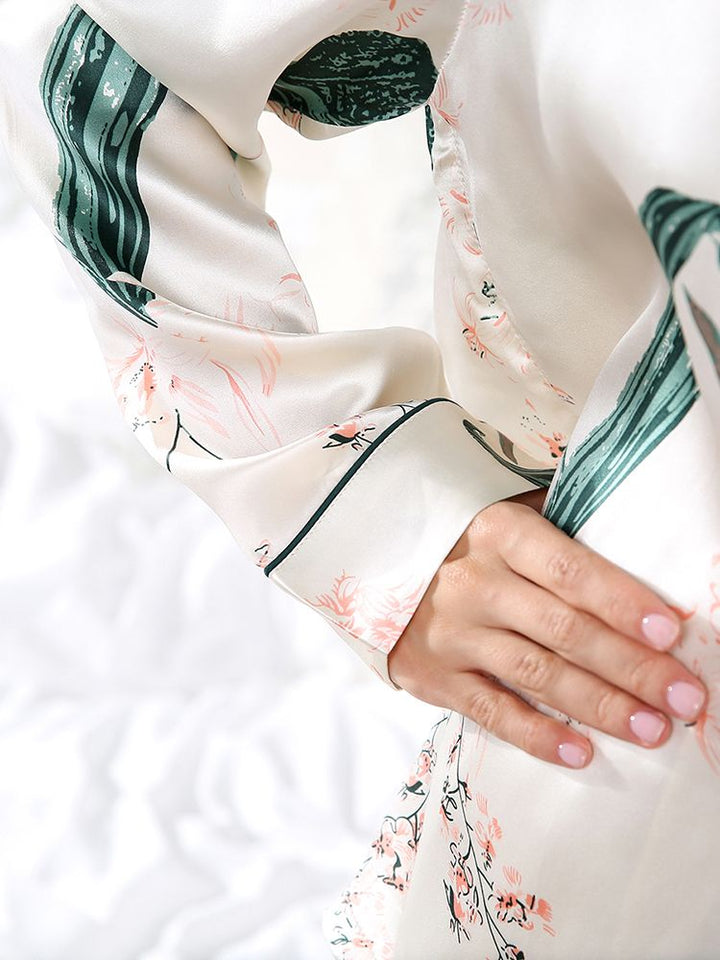 19 Momme Leaves and Floral Printed Beige 100% Silk Pajama Set with Trimming