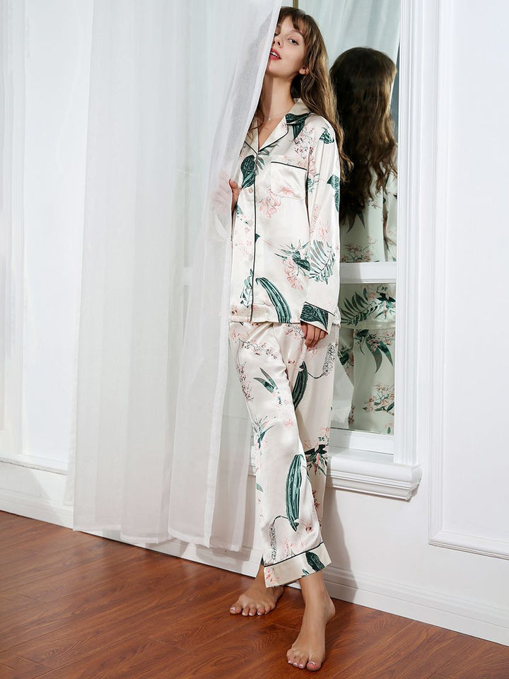 19 Momme Leaves and Floral Printed Beige 100% Silk Pajama Set with Trimming