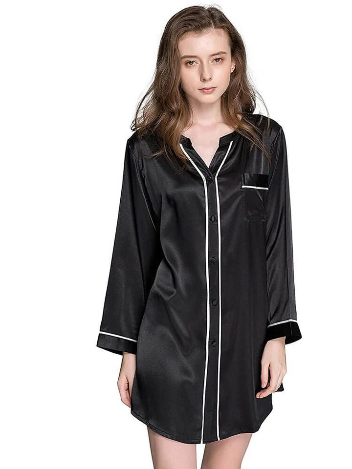 19 Momme Long Sleeve Button-up Chic Piped V-Neck Silk Nightshirt