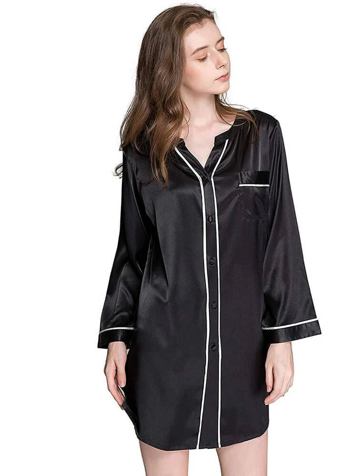19 Momme Long Sleeve Button-up Chic Piped V-Neck Silk Nightshirt