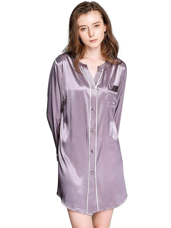 19 Momme Long Sleeve Button-up Chic Piped V-Neck Silk Nightshirt