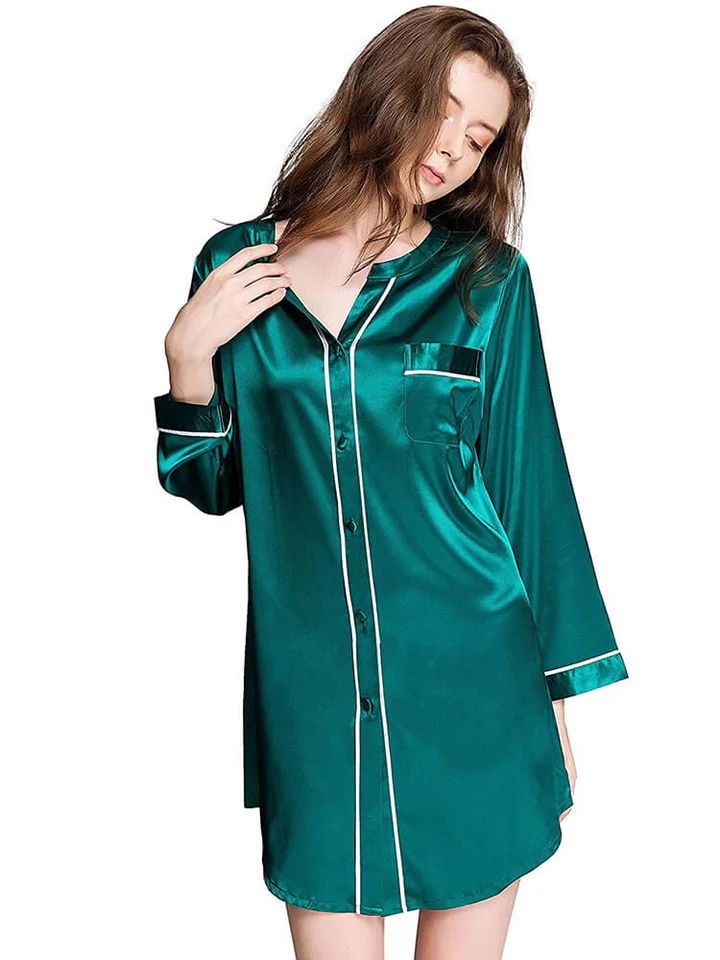 19 Momme Long Sleeve Button-up Chic Piped V-Neck Silk Nightshirt