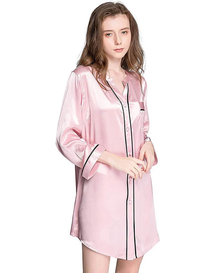 19 Momme Long Sleeve Button-up Chic Piped V-Neck Silk Nightshirt
