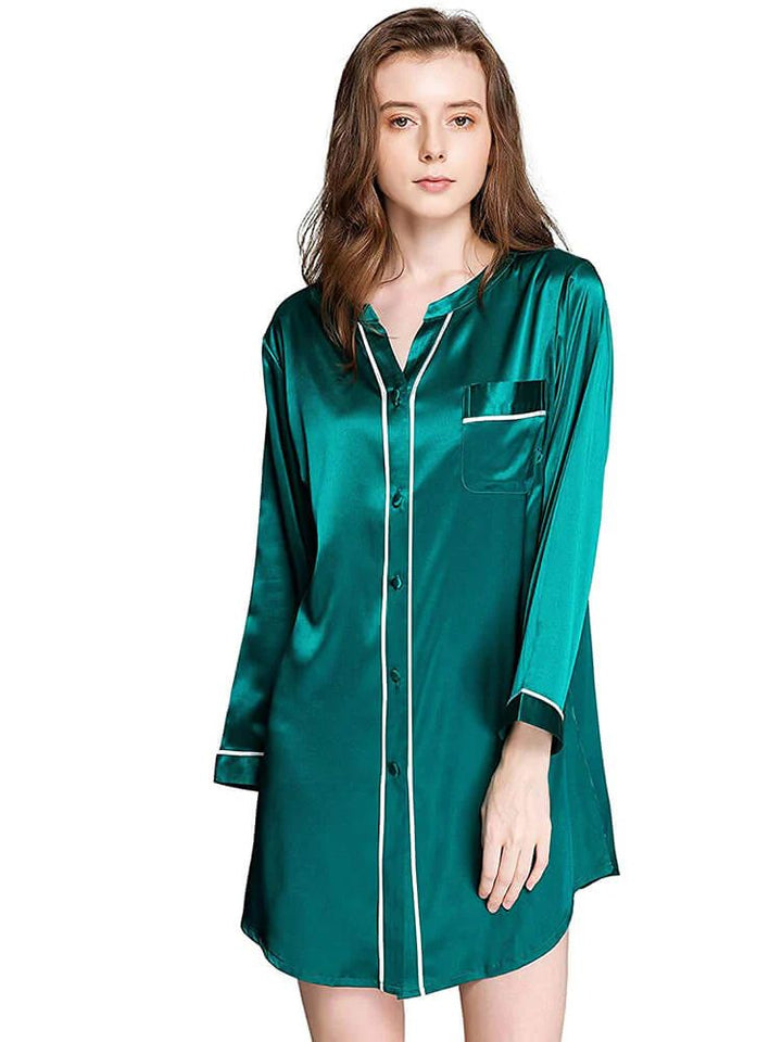 19 Momme Long Sleeve Button-up Chic Piped V-Neck Silk Nightshirt
