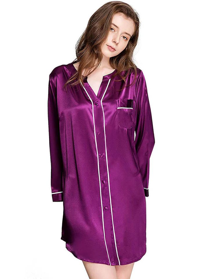 19 Momme Long Sleeve Button-up Chic Piped V-Neck Silk Nightshirt
