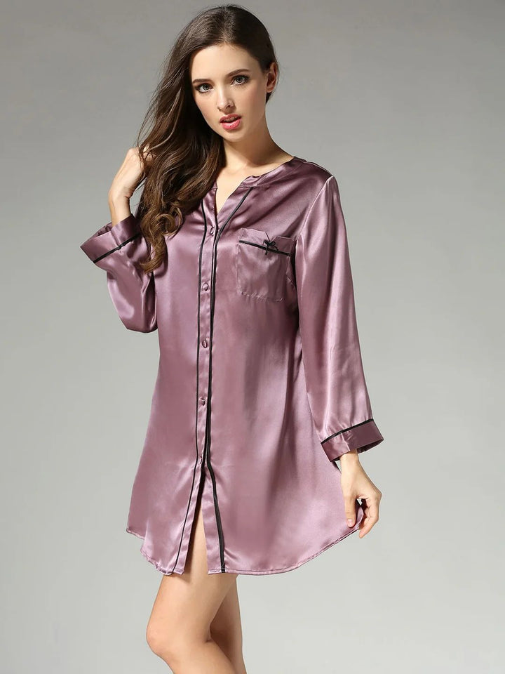 19 Momme Long Sleeve Button-up Chic Piped V-Neck Silk Nightshirt
