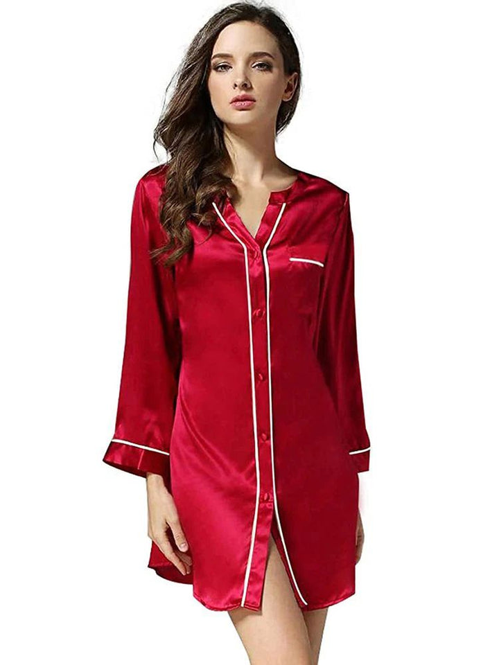 19 Momme Long Sleeve Button-up Chic Piped V-Neck Silk Nightshirt