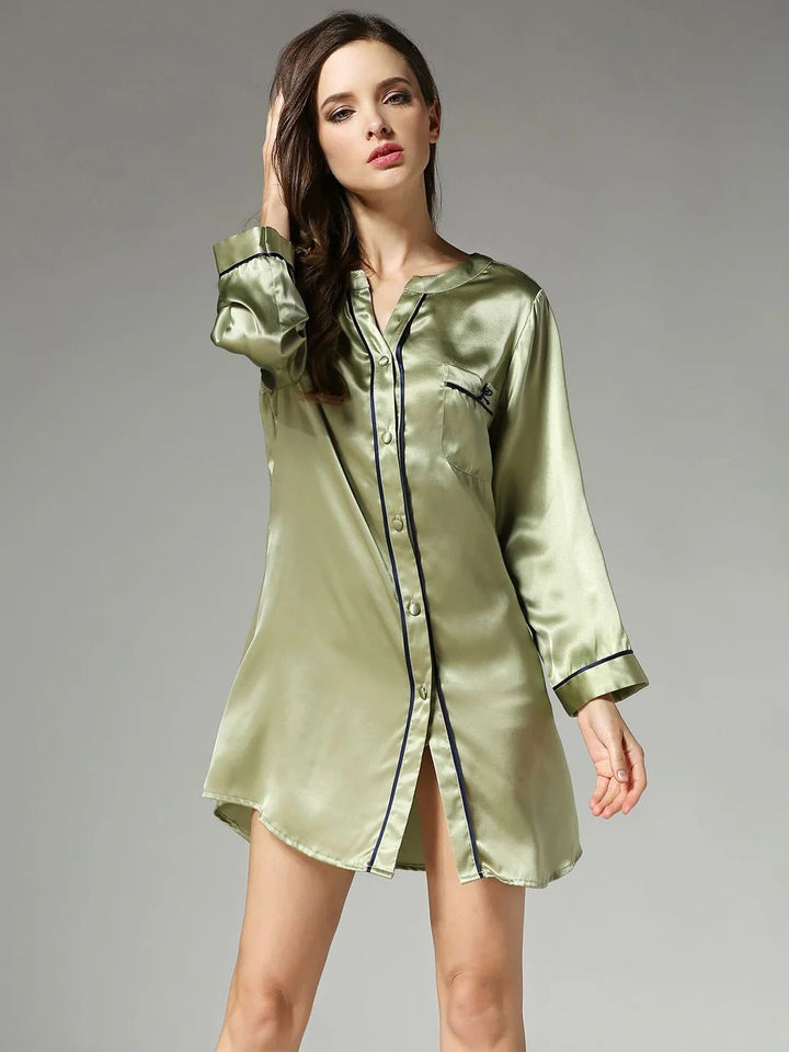19 Momme Long Sleeve Button-up Chic Piped V-Neck Silk Nightshirt