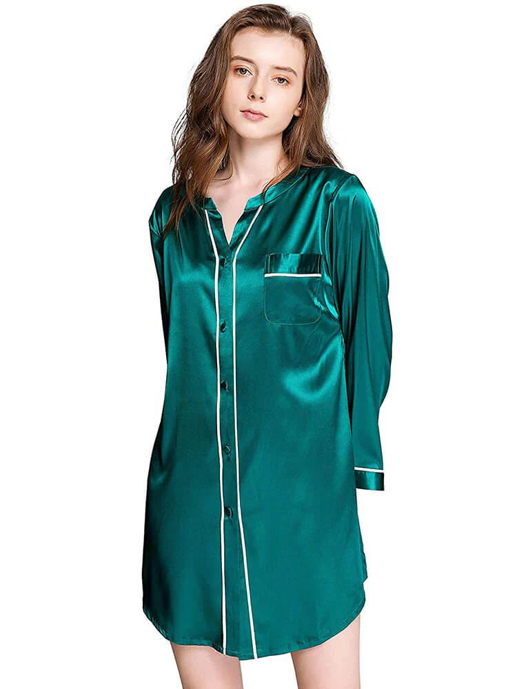 19 Momme Long Sleeve Button-up Chic Piped V-Neck Silk Nightshirt