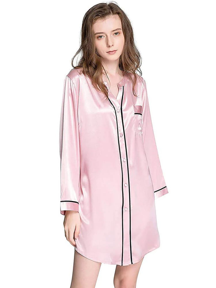 19 Momme Long Sleeve Button-up Chic Piped V-Neck Silk Nightshirt