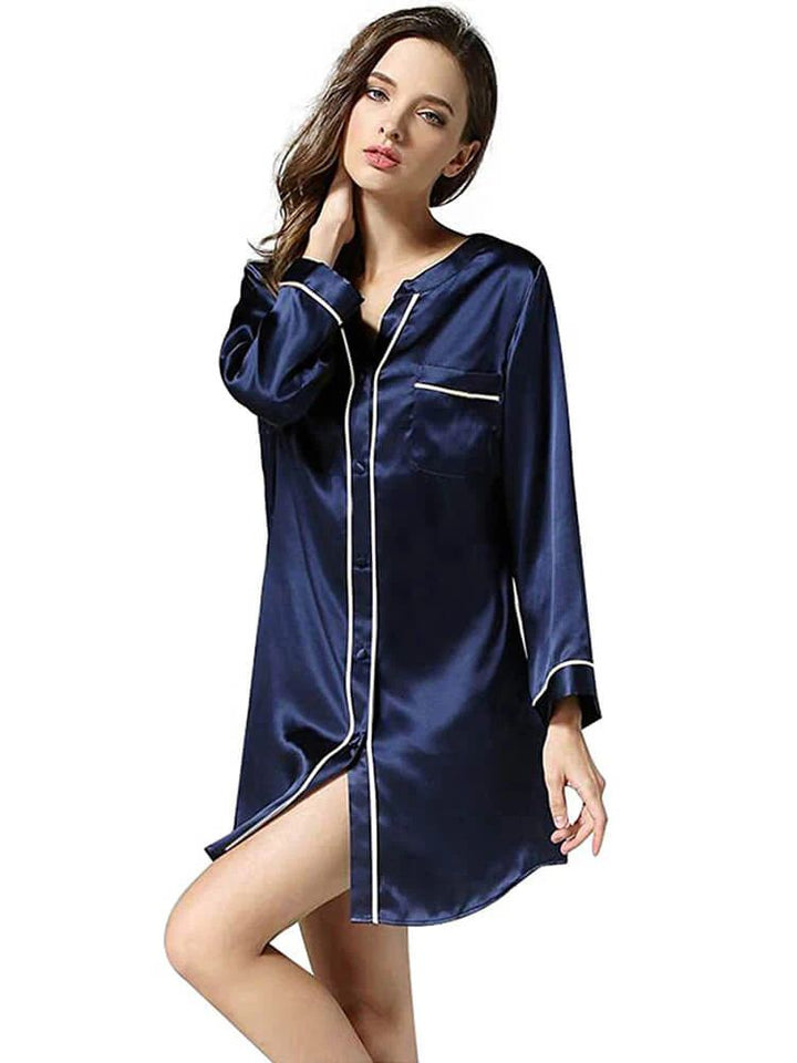 19 Momme Long Sleeve Button-up Chic Piped V-Neck Silk Nightshirt