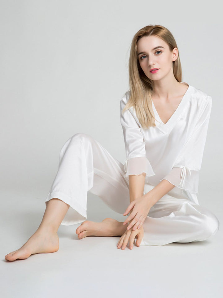 19 Momme Luxurious Long Silk Pajamas Set with Ruffled Sleeves