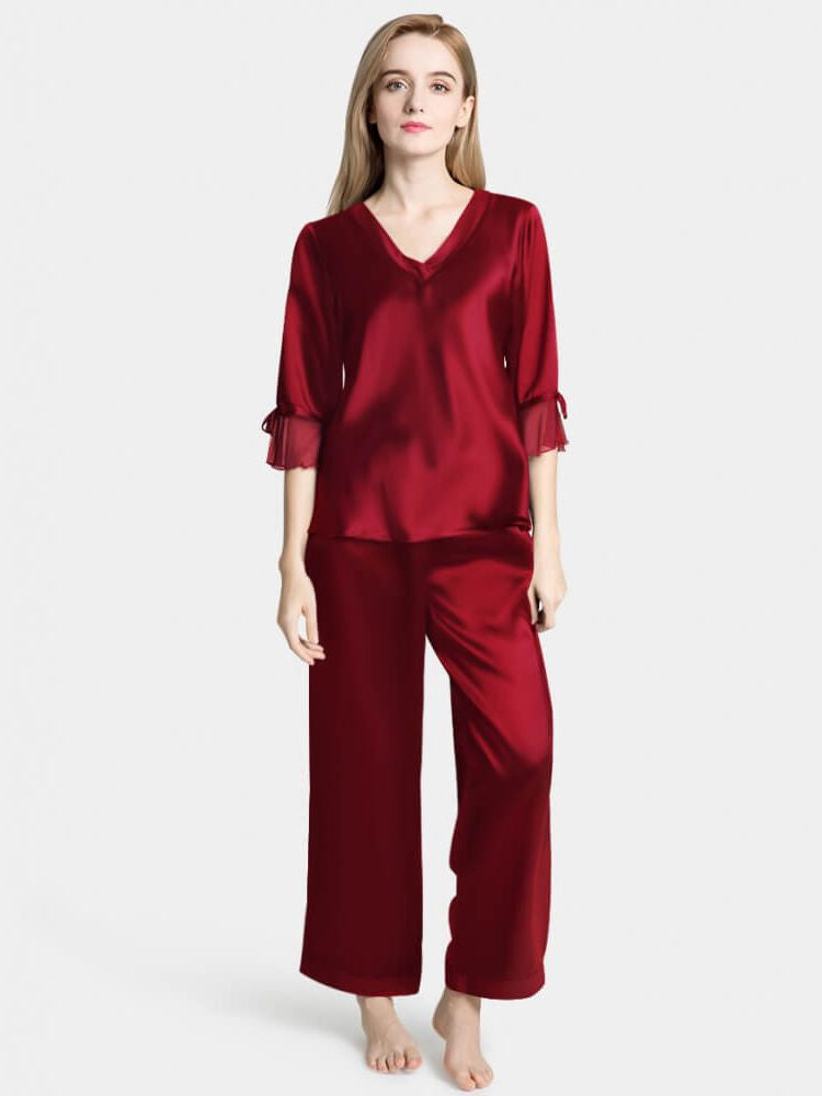 19 Momme Luxurious Long Silk Pajamas Set with Ruffled Sleeves