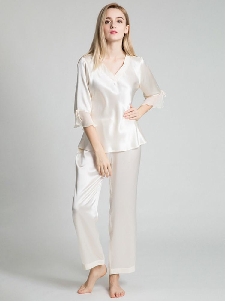 19 Momme Luxurious Long Silk Pajamas Set with Ruffled Sleeves