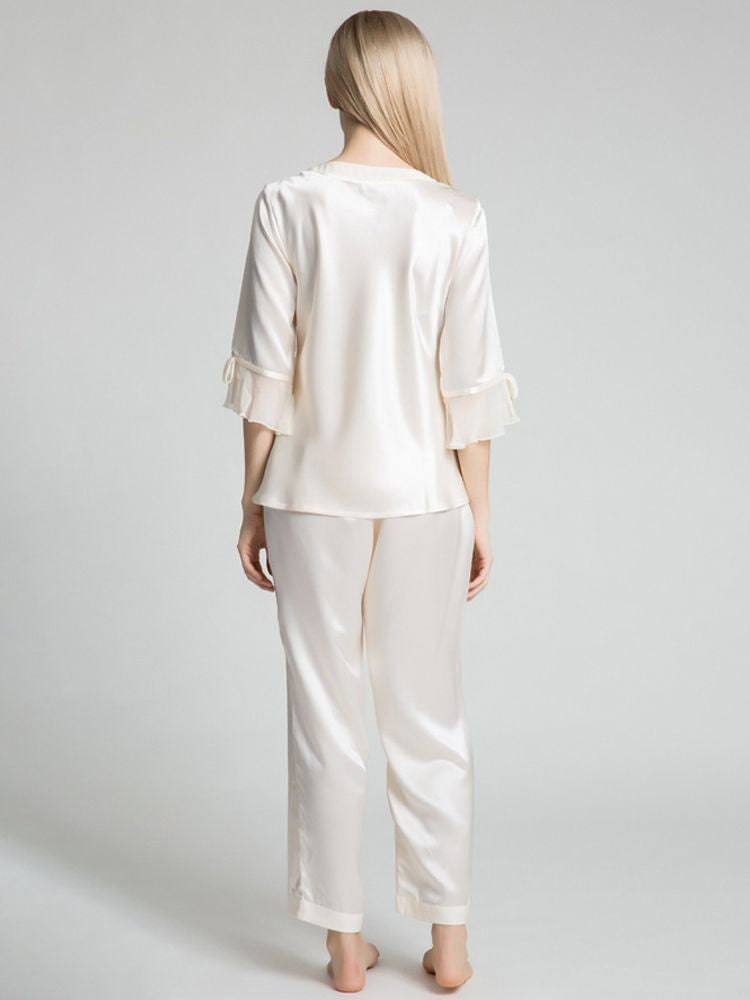 19 Momme Luxurious Long Silk Pajamas Set with Ruffled Sleeves