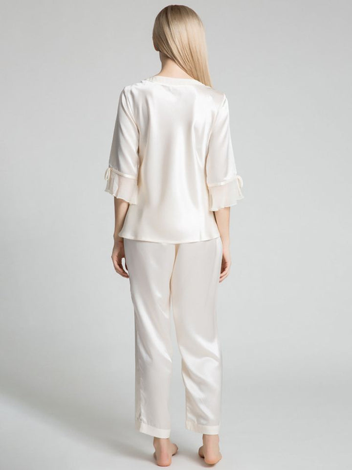 19 Momme Luxurious Long Silk Pajamas Set with Ruffled Sleeves