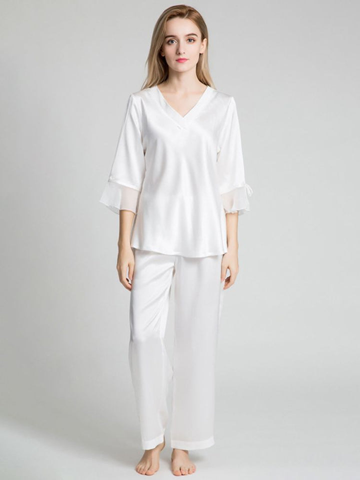19 Momme Luxurious Long Silk Pajamas Set with Ruffled Sleeves